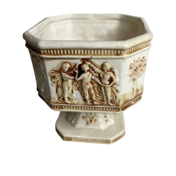 Vintage Norleans Ceramic Octagonal Planter Compote Lion Tree Relief Japan Footed - Picture 3 of 8